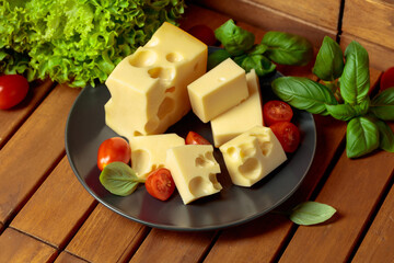 Swiss cheese, green basil, salad, and tomatoes on a wooden table.