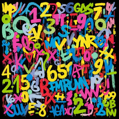 Vibrant graffiti alphabet and numbers explosion with dripping paint effect, creating an energetic and modern urban art statement