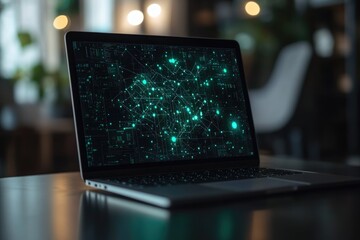 A laptop screen displays an intricate glowing green digital network of nodes and connecting lines, symbolizing data, AI, and technological connectivity.