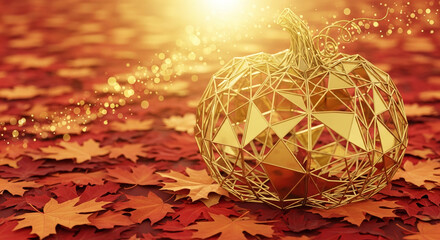 Golden wireframe pumpkin on red and orange maple foliage, with blurred lights. Showcases autumn, harvest and the festive season with luxury concept