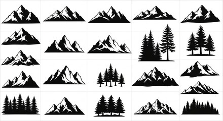 Fototapeta premium Black Silhouette Vector of Mountain Shapes and Pine Tree Variations, Simple Natural Outline Composition, Minimal Clean Design, Professional Nature Vector Sheet Illustration