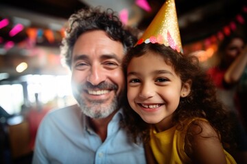 Young girl and dad portrait birthday smiling.