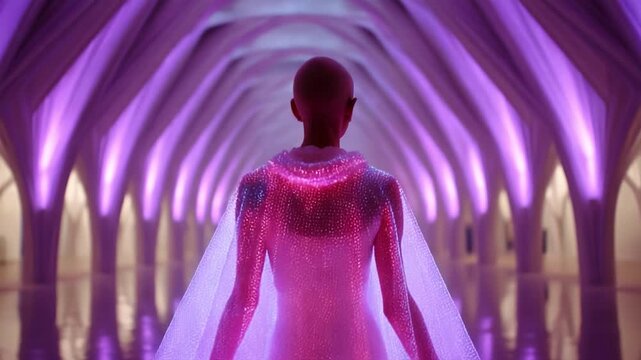 A striking figure stands boldly in a stunning architectural space, adorned in a shimmering garment that captures the ethereal beauty of light, shadow, and design, creating a mesmerizing visual