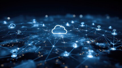 Cloud Connectivity: A digital landscape glows with interconnected nodes, highlighting the power of cloud computing and data sharing.