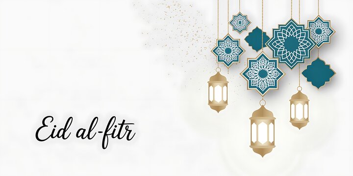 Elegant lanterns and star ornaments dangle alongside Eid alfitr text on a white backdrop