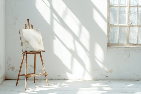 An empty artist studio with a blank canvas on a wooden easel. Sunlight through an old window casts dynamic shadows.