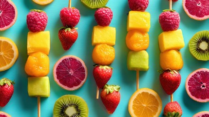 Colorful fruit kabobs with strawberries, pineapple, melon and raspberries on turquoise background, healthy fresh summer snacks arranged as festive skewers