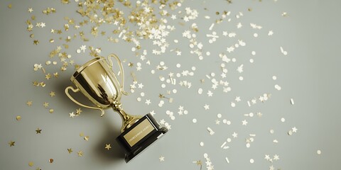 Gleaming gold trophy sits amid sparkling star and dot confetti spread across a gray surface