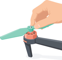 Hand installing a small drone propeller onto its motor base in a clean vector style