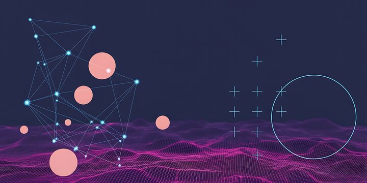 Geometric network with spheres hovers above a magenta grid on a navy background