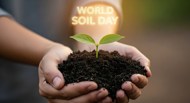 Person holding soil with a seedling and world soil day text in the background with a blurred effect