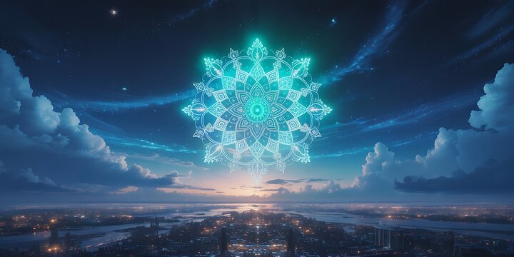 Glowing mandala hovers serenely above a futuristic cityscape during the twilight evening hours