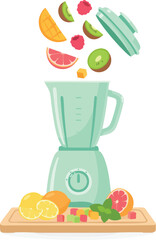 Fruits dropping into an open blender to prepare a fresh smoothie on a cutting board
