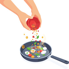 Person pouring chopped vegetables from a cutting board into a frying pan while cooking