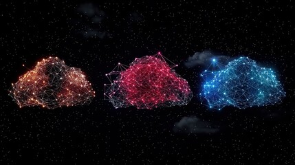 Three abstract, glowing cloud shapes, rendered with interconnected lines and dots, are depicted against a dark, star-filled background.