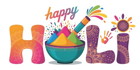 Happy is written over the Holi festival letters filled with mandala designs and colors on white