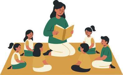 Teacher reading a book to a small group of children sitting together on a classroom mat