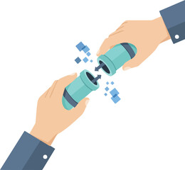 Two hands connecting teal-colored plugs, symbolizing linking, pairing, or joining components on a clean background