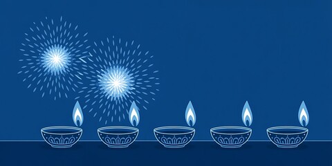Lit diya lamps with intricate lineart designs are arranged against an abstract blue background