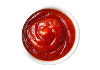 Bowl of Bright Red Tomato Ketchup Swirled with Smooth Texture on White Background