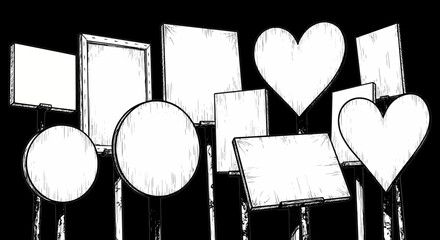 Express your message with this versatile collection of blank protest signs, banners, and heart shapes ready for your custom text and graphics.