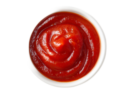Bowl of Bright Red Tomato Ketchup Swirled with Smooth Texture on White Background