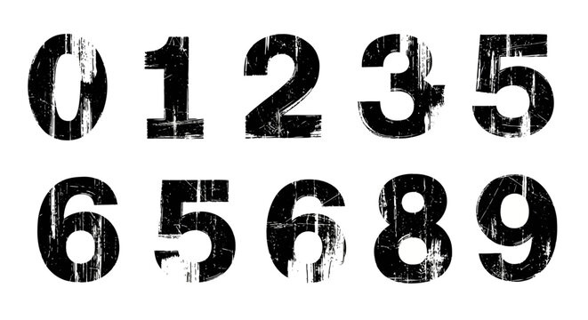 Bold distressed black numbers zero through nine create a striking graphic element for counting, data, or grunge design projects.