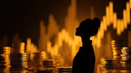 Market Maven: An elegantly silhouetted figure gazes towards a financial backdrop of stacked coins and dynamic market graphs, hinting at strategic prowess and market acumen.