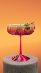 Photoreal 3D render of a Martini cocktail in a textured glass with sugar rim and olives, set against a warm orange background. Elegant, vibrant, modern drink concept.