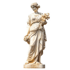 Classical Marble Statue of Woman Holding Flowers in Elegant Dress on White Background