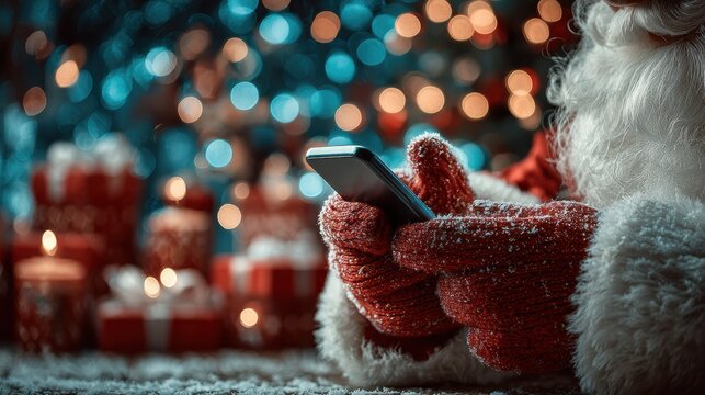 Santa hand holding mobile phone with empty screen in christmas day,holiday shopping online,light background,smartphone,banner sale gifts,Blank white screen,Mockup.