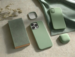 Sage green phone cases and adaptors arranged over folded textures