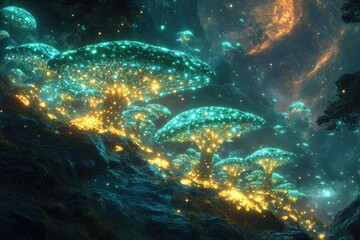 Ethereal, bioluminescent mushroom trees glow with teal and golden light across a mystical landscape beneath a cosmic, star-filled nebula sky.