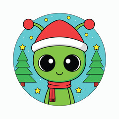 Cute Christmas alien cartoon wearing Santa hat and red scarf, holiday illustration with trees and stars