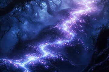 Obraz premium A magical, glowing river of blue and purple light meanders through an enchanting, dark forest filled with ancient trees and mystical allure.