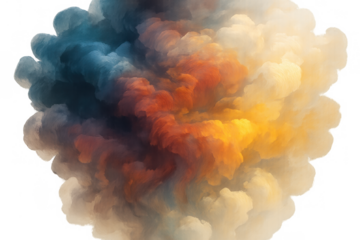 Colorful abstract smoke cloud expanding with swirling ink movement forming an intense dynamic background. Transparent