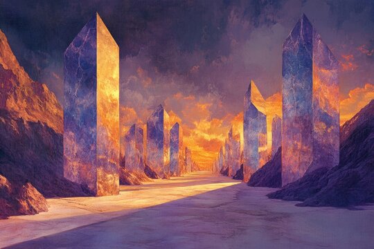 Monumental crystalline obelisks line a mysterious desert path, reflecting the vibrant orange and purple light of an ethereal, dramatic sunset.