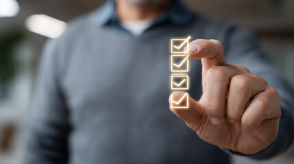 Completion in the Digital World: A modern image depicts a person, elegantly interacting with a digital checklist interface, embodying concepts of tasks and choices. 