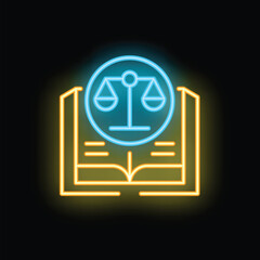 Neon icon of an open law book with a scales of justice symbol glowing above it