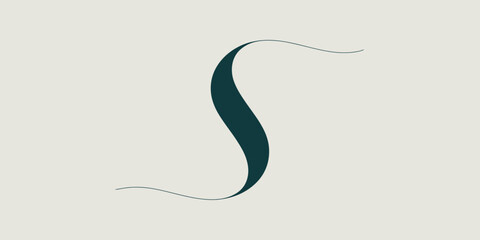 A minimalist image featuring a dark teal s shaped curve on a light background with delicate lines around it
