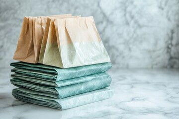 A neat stack of two-tone paper bags atop folded green packages on a white marble surface, showcasing organized minimalist packaging.