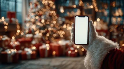 Santa hand holding mobile phone with empty screen in christmas day,holiday shopping online,light background,smartphone,banner sale gifts,Blank white screen,Mockup.