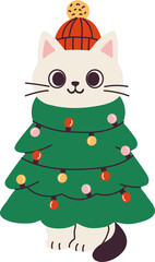 Adorable Cat Dressed as a Christmas Tree with Lights and Hat