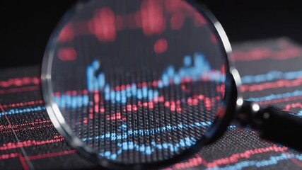Magnifying glass examines fluctuating digital market chart. - Powered by Adobe