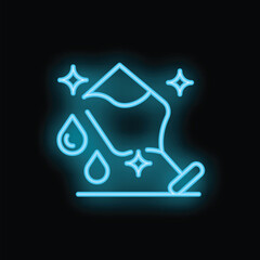 Blue neon sign of a wine glass being washed with water drops and sparkles, perfect for bar, restaurant, and nightlife themes