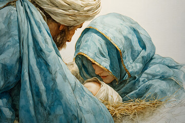 Holy family, Christmas, nativity, Mary, Joseph, Jesus, birth of Jesus Christ, Bethlehem, watercolour illustration 