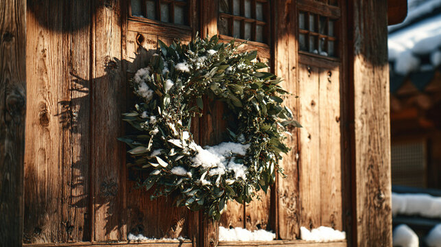 Christmas wreath on rustic wooden door of Korean countryside home, snow-covered entrance in soft warm winter light - Powered by Adobe