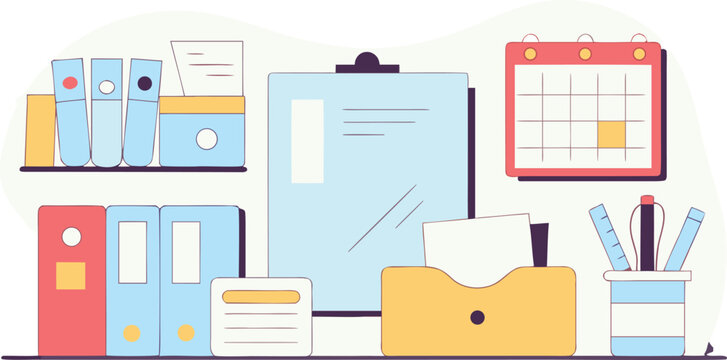 Office organization supplies desk setup business management vector illustration