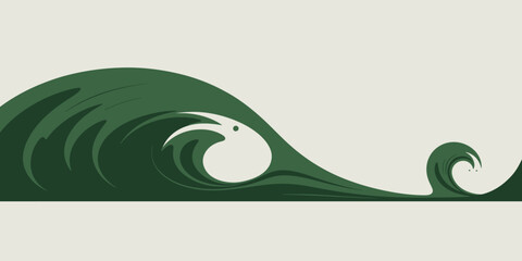 A stylized illustration of a green wave with a white bird shape within the larger wave design element