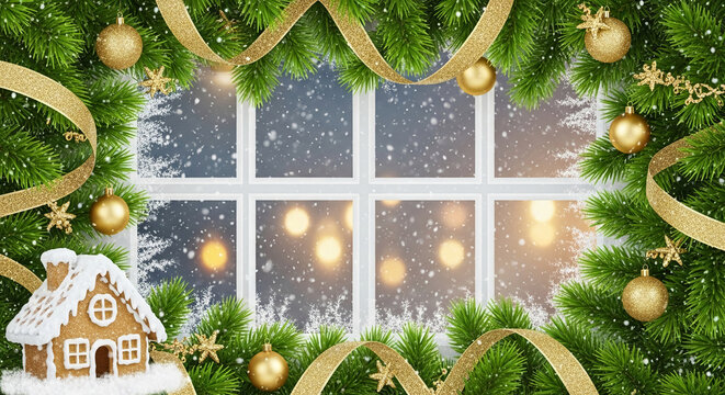 Window view of decorated pine branches, golden ornament and a gingerbread house, representing Christmas festivity and winter holiday celebration